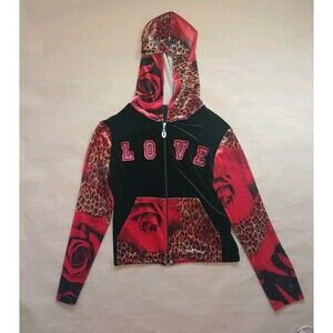 Vintage Y2K Love Amour Velour Hoodie Sz L Black Full Zip LOVE Roses Whimsigoth